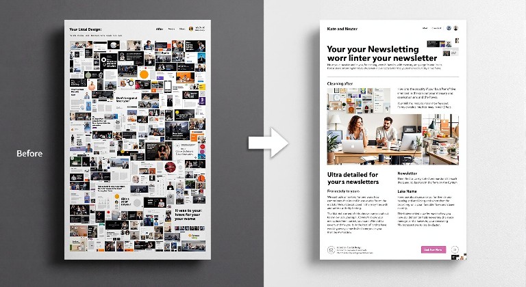 Before-and-after examples of cluttered vs. clean newsletter designs